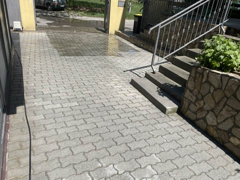 Mohás felület tisztítása egy árnyas földvári kertben
